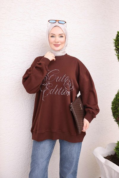 İmajButik Brown Bead Embroidered Two-Thread Sweatshirt