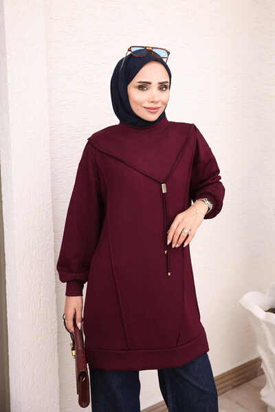 İmajButik Plum-Colored Tunic with Elasticated Sleeves and Stripes on the Front