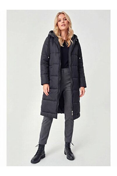 Zerena Hooded Long Inflatable Lined Women's Coat - Black