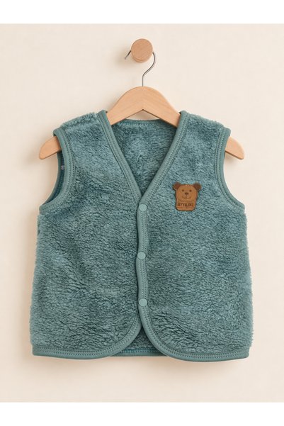 Lindakids Ayıcık Armalı V Yaka Çıtçıtlı %100 Pamuk Unisex Bebek Yeleği