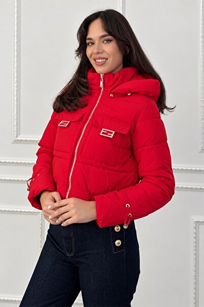 FashionForYou Geacă scurtă de damă ZARIA din fleece, matlasată, cu glugă și d...