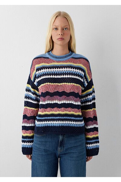 Mavi Lacivert Jakarlı Kazak Loose Fit / Bol Rahat Kesim 1710775-91010