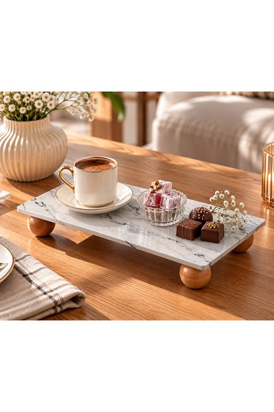 Le Paon Ayaklı Cam Sunumluk 24x14 cm Mermer Desenli Servis Tabağı Çerezlik De...