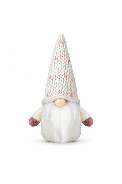 SBR Figurină decorativă Gnom de Crăciun, 17 cm, alb și roz, cu căciulă tricotată