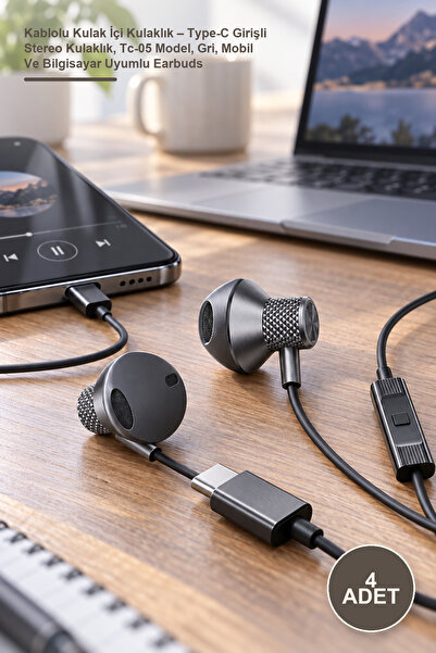 4 Adet Kablolu Kulak İçi Kulaklık – Type-C Girişli Stereo Kulaklık, Tc-05 Model, Gri, Mobil Ve Bilgisayar Uyumlu Earbuds