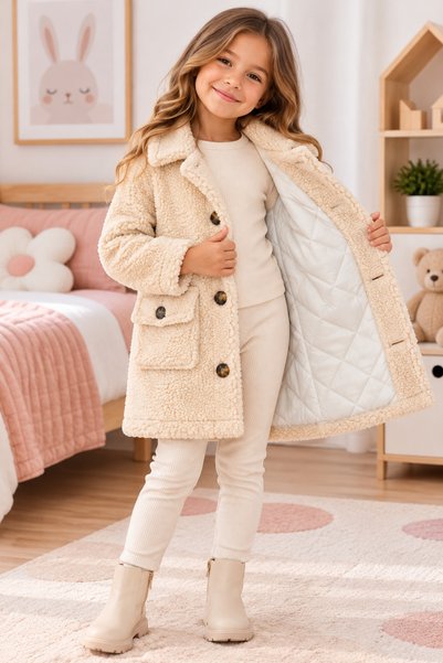 SERAPA Kız Çocuk Pelüş Kaban Kışlık Teddy Mont Çift Cepli Sıcak Tutan Kapitone Astarlı 4-12 Yaş