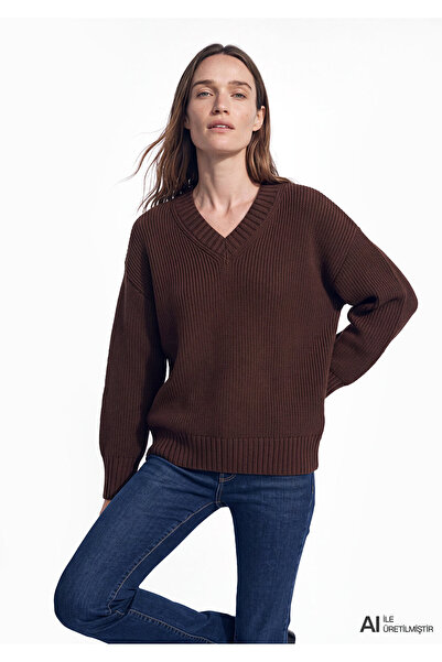 Mavi Silk Blend V-Neck Brown Sweater Regular Fit / Normal Cut 1710923-70236