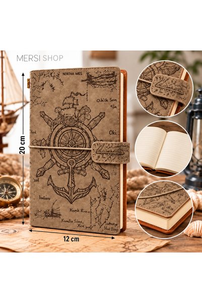 Mersi SHOP دفتر ملاحظات بتصميم عتيق بنمط الدفة والمرساة بمظهر جلدي 20x12 سم د...