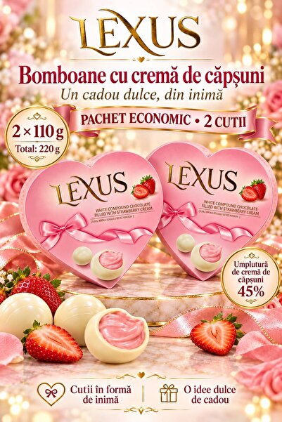 Lexus – Bomboane cu cremă de căpșuni, 2 cutii în formă de inimă × 110 g, tota...