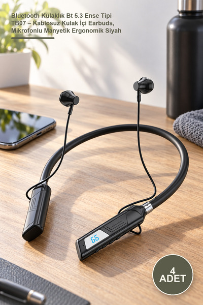 Yenilig 4 Adet Bluetooth Kulaklık Bt 5.3 Ense Tipi TB07 – Kablosuz Kulak İçi Earbuds, Mikrofonlu Manyetik Ergonomik Siyah