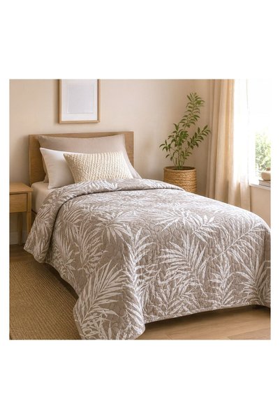OEM Cuvertură Matlasată Reversibilă Bej 160x230 cm cu Frunze Albe Reliefate –...