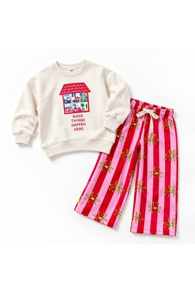 Patriko Girls' 3-Ply Cotton Home Printed Sweatshirt Striped Pants Set 2-8 Years