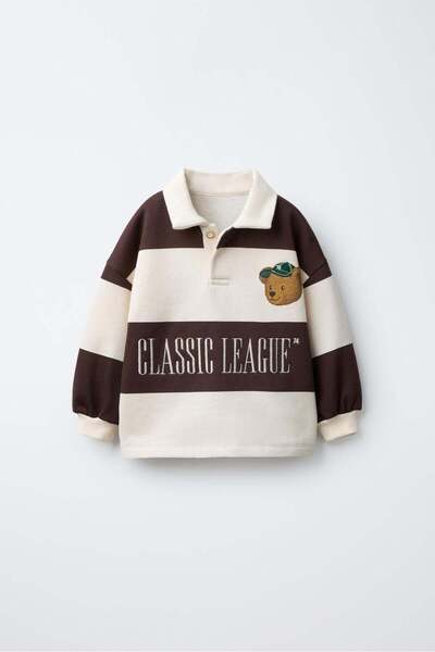 Magu Children's Cotton Teddy Bear Brown Striped Polo Collar Sweatshirt