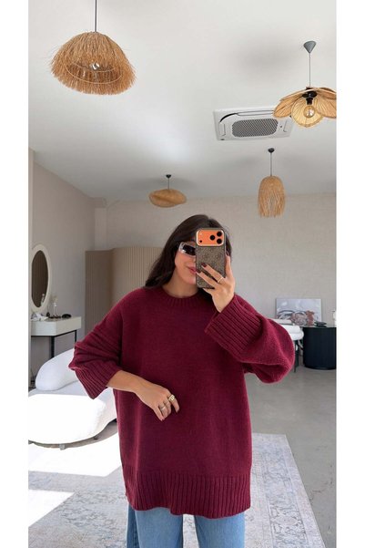 Buket Teke Burgundy Oversize Soft Texture Basic Sweater