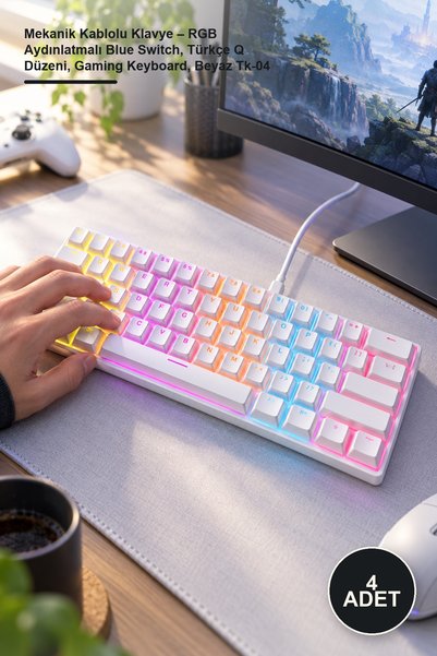 Yenilig 4 Adet Mekanik Kablolu Klavye – RGB Aydınlatmalı Blue Switch, Türkçe Q Düzeni, Gaming Keyboard, Beyaz Tk-04