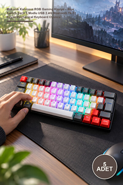 Yenilig 5 Adet Mekanik Kablosuz RGB Gaming Klavye – Blue Switch Şarjlı 3 Modlu USB 2.4G Bluetooth Tk-11 Beyaz Mechanical Keyboard Oyuncu