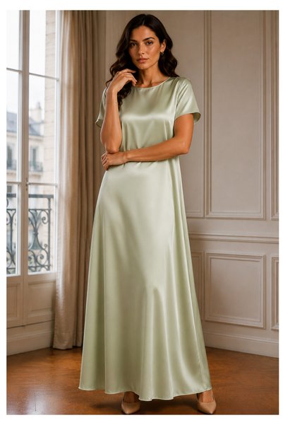 Msquare Fashion Sage Green Satin Silk Under Abaya | Long Slip Dress with Shor...