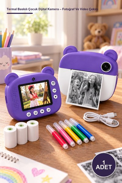 Yenilig 1 Adet Termal Baskılı Çocuk Dijital Kamera – Fotoğraf Ve Video Çekim, Anında Termal Print Yazıcı, Kamera Camera, Printer CMR14 Mor Kolay Kullanım