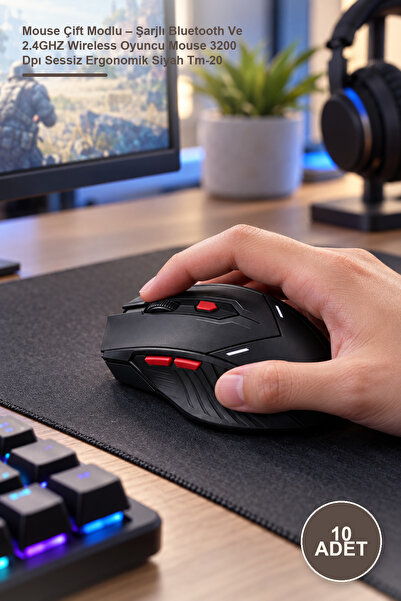 Yenilig 10 Adet Mouse Çift Modlu – Şarjlı Bluetooth Ve 2.4GHZ Wireless Oyuncu Mouse 3200 Dpı Sessiz Ergonomik Siyah Tm-20