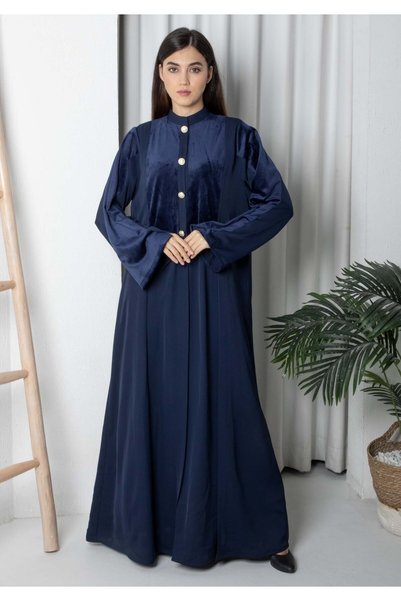Msquare Fashion Navy Round Neck Nida and Velvet Abaya with Front Button Detai...