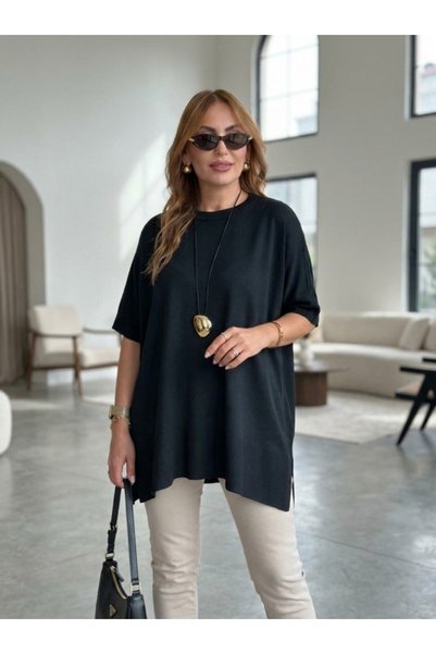 Generic Brand Women's crew neck short batwing sleeve side slit oversized flow...
