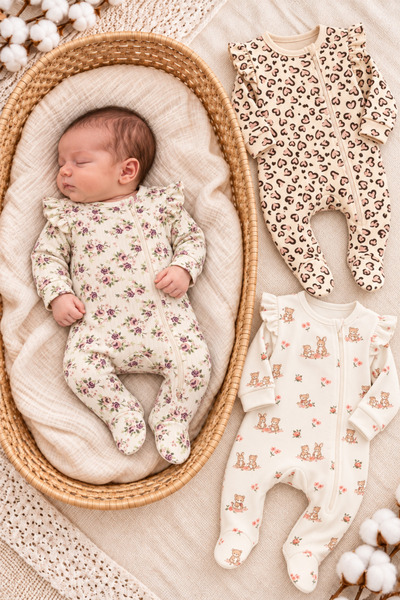 İZYALİF BABY Baby Girl Animal Patterned Zippered 3-Piece Jumpsuit Set Newborn One Size with Booties 100% Cotton