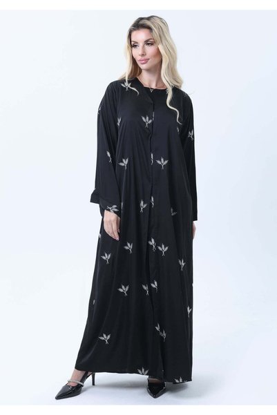 Msquare Fashion Black Silk Abaya with Silver Embroidered Motifs & Matching He...