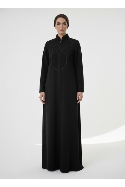 Msquare Fashion Geometric Panelled Design Black Abaya with Plain Chiffon Head...
