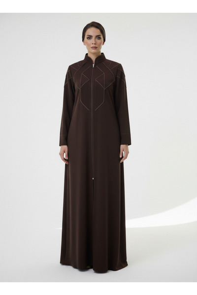 Msquare Fashion Geometric Panelled Design Brown Abaya with Plain Chiffon Head...