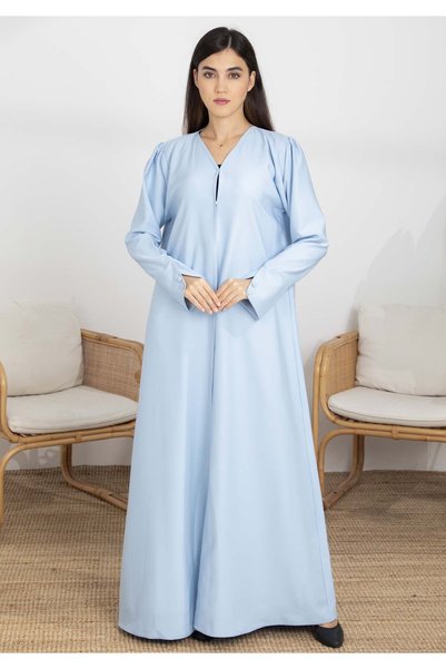 Msquare Fashion Sky Blue Barbie Crepe Abaya with Open Cuffs and Matching Fabr...