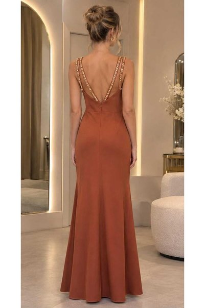 KedyKids Zero Sleeve Chain Detailed Wedding Engagement Graduation Long Evening Dress