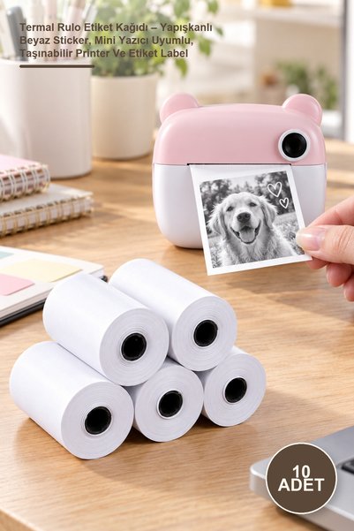 Yenilig 10 Adet Termal Rulo Etiket Kağıdı – Yapışkanlı Beyaz Sticker, Mini Ya...