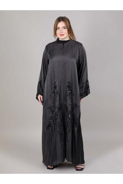 Msquare Fashion V-Neck Rotana Shimmer Fabric Black Embroidered Open Abaya