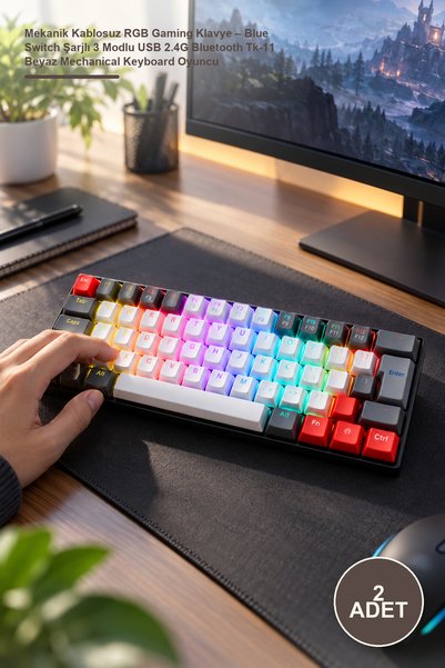 Yenilig 2 Adet Mekanik Kablosuz RGB Gaming Klavye – Blue Switch Şarjlı 3 Modlu USB 2.4G Bluetooth Tk-11 Beyaz Mechanical Keyboard Oyuncu