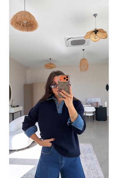 Buket Teke Navy Blue Denim Detailed Collared Sweater