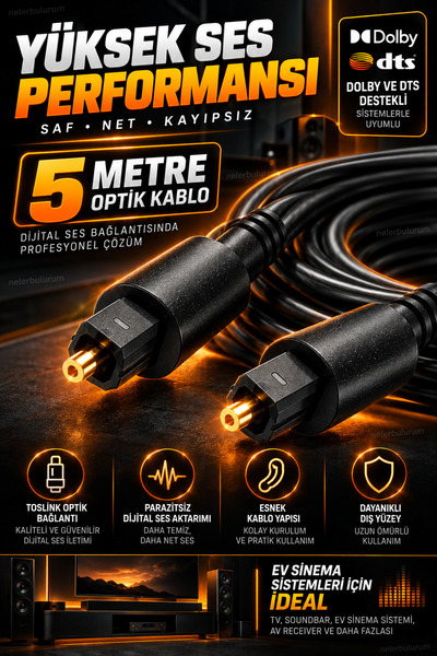 nelerbulurum 5 Metre Optik Ses Kablosu Toslink SPDIF Dijital Fiber Optik Kablo – TV, Soundbar, Ev Sinema Sistemi, Amfi ve AV Receiver Uyumlu