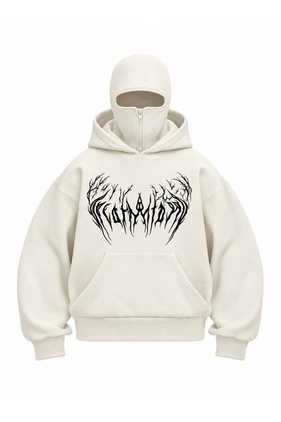 HAI COLLECTİON Maskeli Kapüşonlu Sweatshirt Oversize 3 İplik Şardonlu Krem Un...