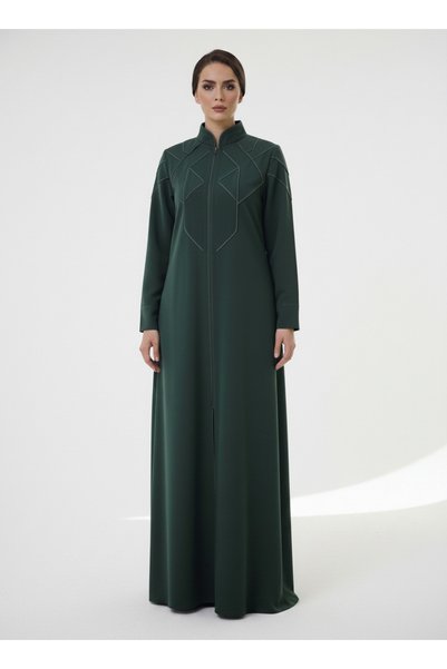 Msquare Fashion Geometric Panelled Design Green Abaya with Plain Chiffon Head...