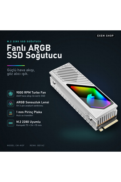 Exem Shop Fanlı ARGB SSD Soğutucu Beyaz Renk