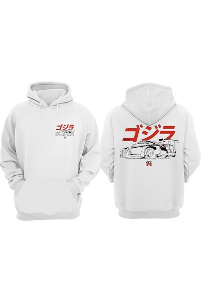 HAI COLLECTİON هودي بقلنسوة أبيض اللون مطبوع عليه Godzilla GTR للجنسين