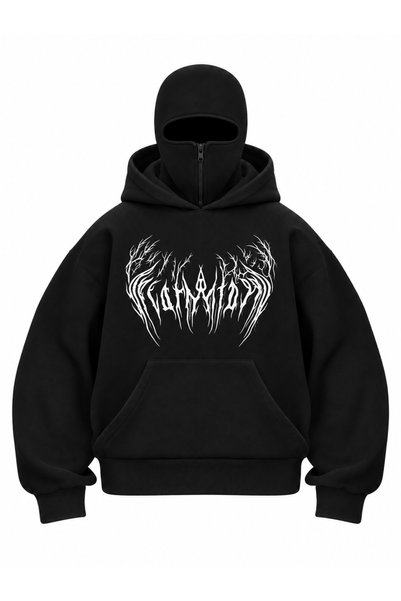 HAI COLLECTİON سويت شيرت أسود مطبوع بغطاء رأس بالاكلافا كبير الحجم للجنسين