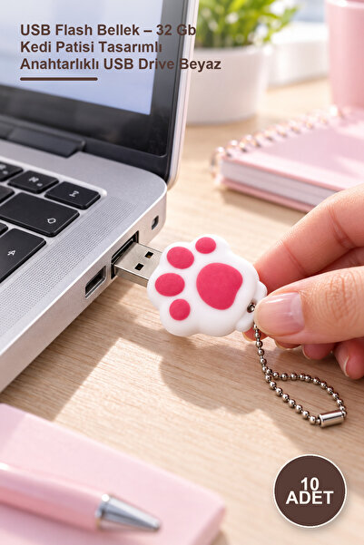 Yenilig 10 Adet USB Flash Bellek – 32 Gb Kedi Patisi Tasarımlı Anahtarlıklı USB Drive Beyaz