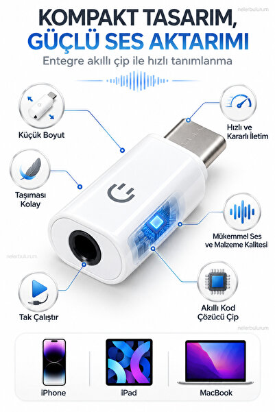 nelerbulurum iPhone iPad MacBook Uyumlu Type-C to 3.5 mm AUX Kulaklık Dönüştürücü – USB-C Ses Adaptörü, Kablolu Kulaklık ve Araç AUX Bağlantı Aparatı