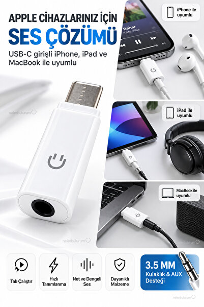 nelerbulurum iPhone iPad MacBook Uyumlu Type-C to 3.5 mm AUX Kulaklık Dönüştürücü – USB-C Ses Adaptörü, Kablolu Kulaklık ve Araç AUX Bağlantı Aparatı