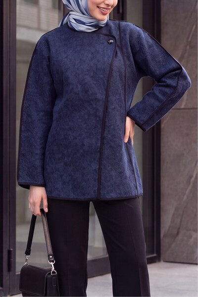 HİJABAYA Round Neck Buttoned Off-Shoulder Ribbed Hip-Length Hijab Cardigan - ...