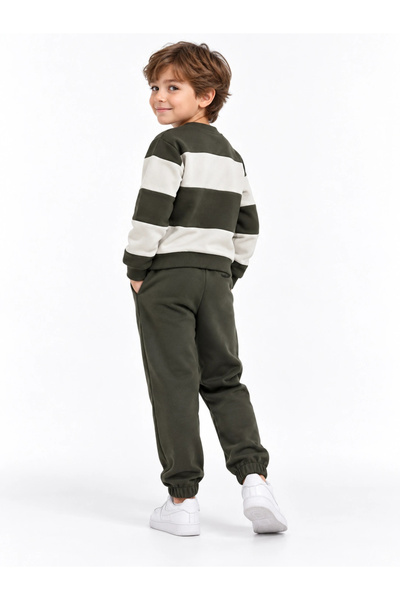 rony pony kids Boys' Khaki Ecru Color Block 3-Yarn Sweatshirt and Jogger Tracksuit Set – 2 Pieces