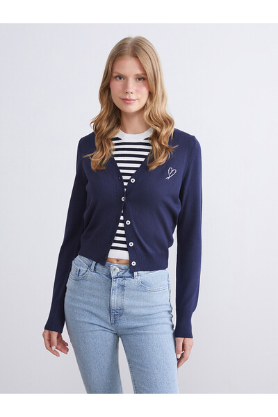 LC Waikiki Nevavm Farkıyla Xside Navy Blue Knitwear Embroidered Women's Cardigan
