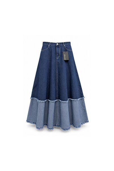 praye Tasseled Two-Tone Denim Skirt Blue