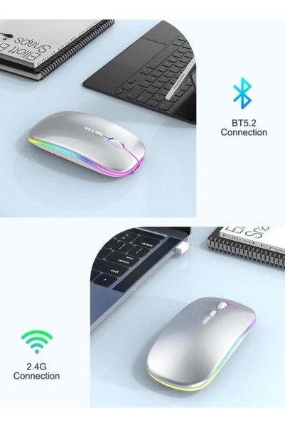 JOYUNIQ ماوس لاسلكي بتقنية LED RGB، بلوتوث 3.0/5.2 + USB، ماوس لاسلكي صامت قابل لإعادة الشحن بتردد 2.4 جيجاهرتز، ماوس كمبيوتر مع مستقبل USB