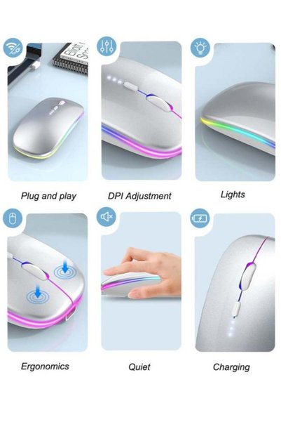 JOYUNIQ ماوس لاسلكي بتقنية LED RGB، بلوتوث 3.0/5.2 + USB، ماوس لاسلكي صامت قابل لإعادة الشحن بتردد 2.4 جيجاهرتز، ماوس كمبيوتر مع مستقبل USB